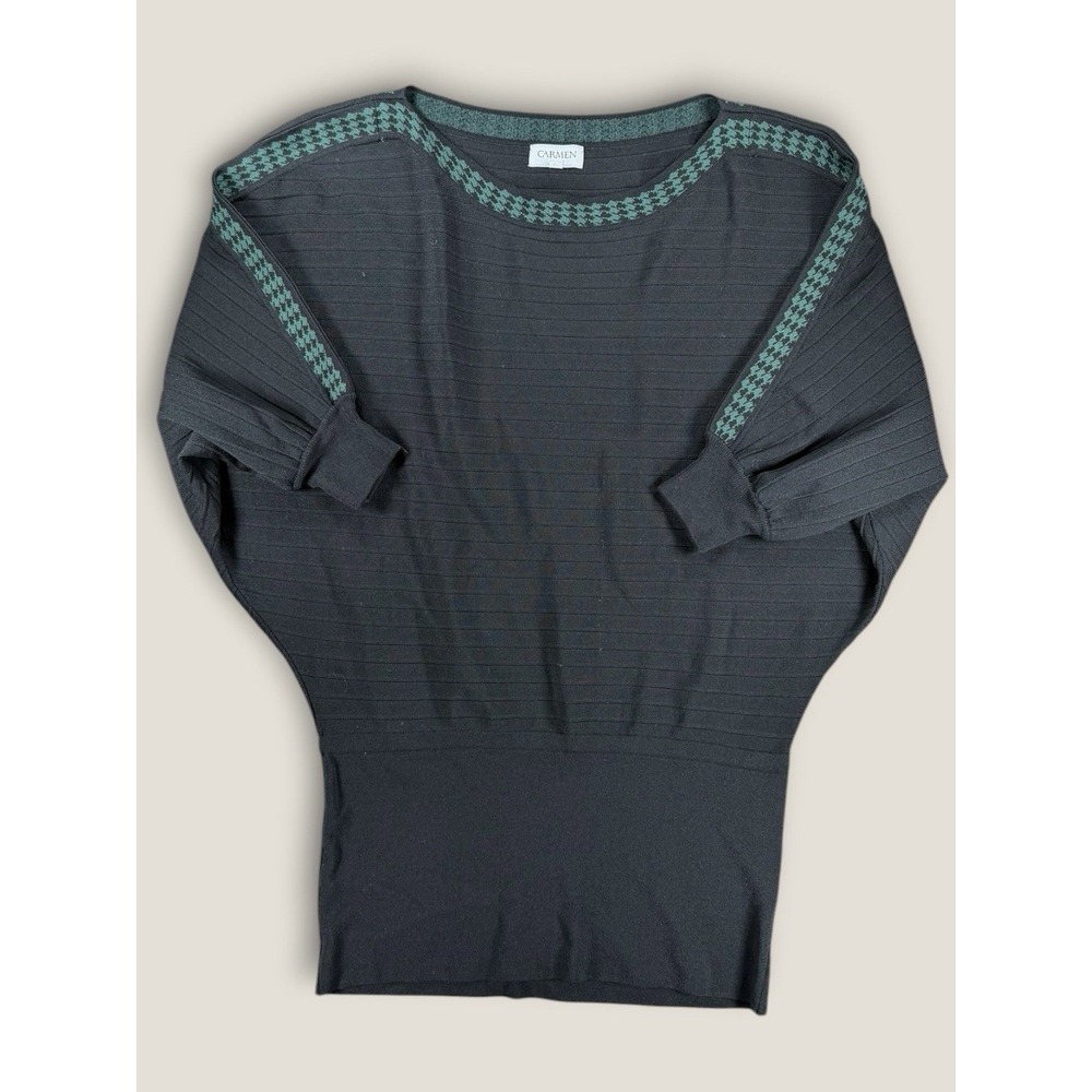 Carmen Marc Valvo Women S Black Green Houndstooth Trim Batwing Knit Sweater